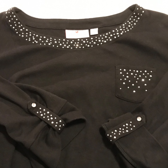 QF black 3/4 sleeve shirt embellished with rhinestones (2X) - Picture 5 of 7